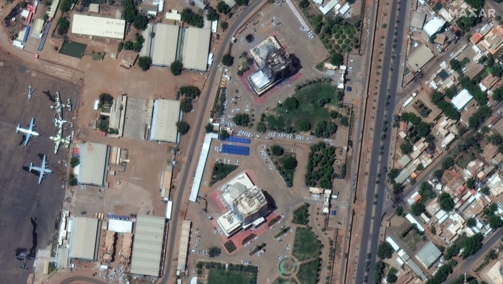 Satellite image shows damaged buildings in Khartoum, Sudan April 17, 2023, in this handout image. Courtesy of Maxar Technologies/Handout via REUTERS.