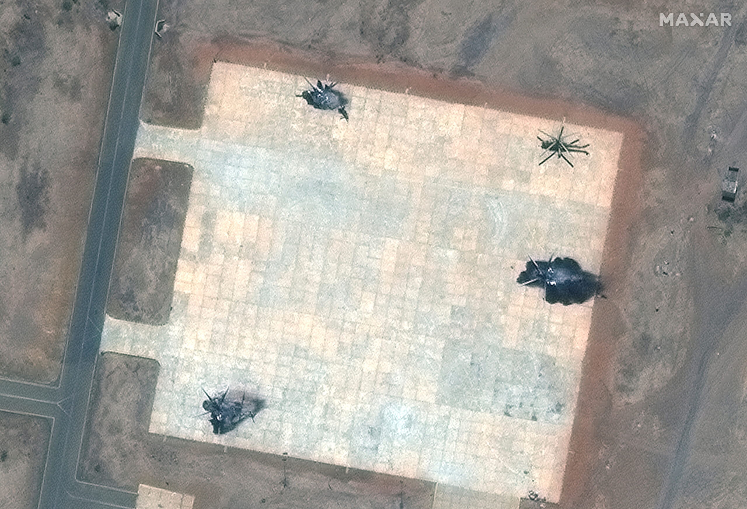 Satellite image shows a close up view of destroyed helicopters in South Khartoum, Sudan. Maxar Technologies/Handout via REUTERS