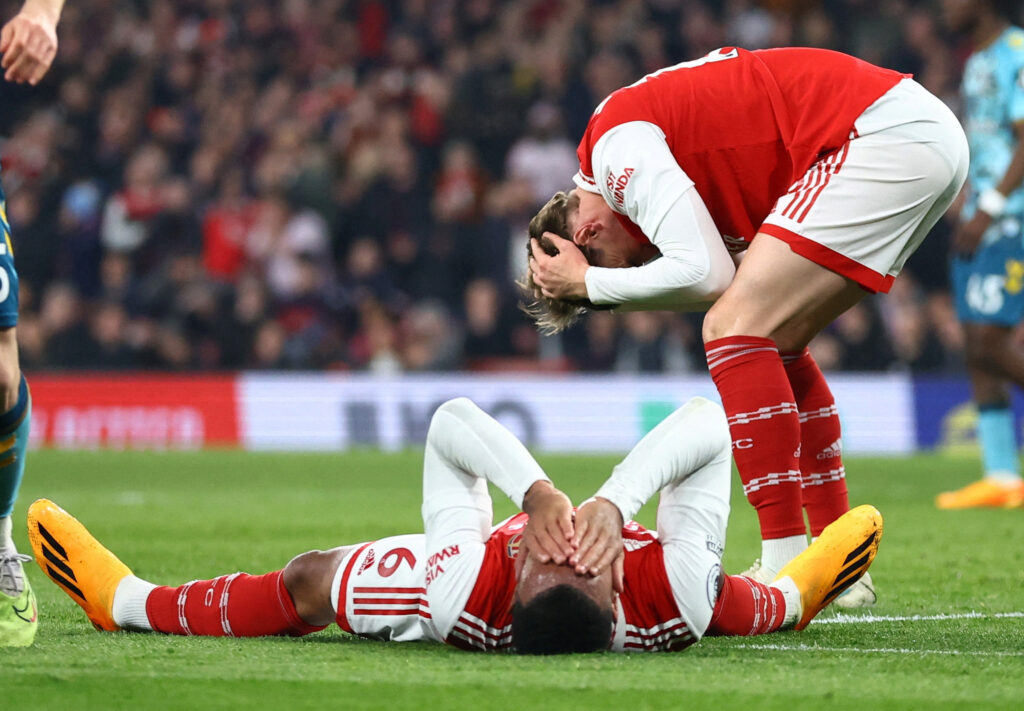 Arsenal's Gabriel and Martin Odegaard react REUTERS/Hannah Mckay