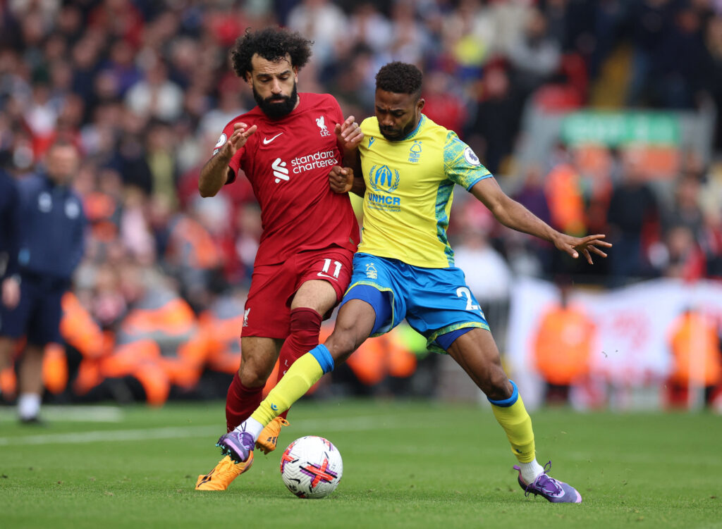 Liverpool's Mohamed Salah in action with Nottingham Forest's Emmanuel Dennis REUTERS/Phil Noble