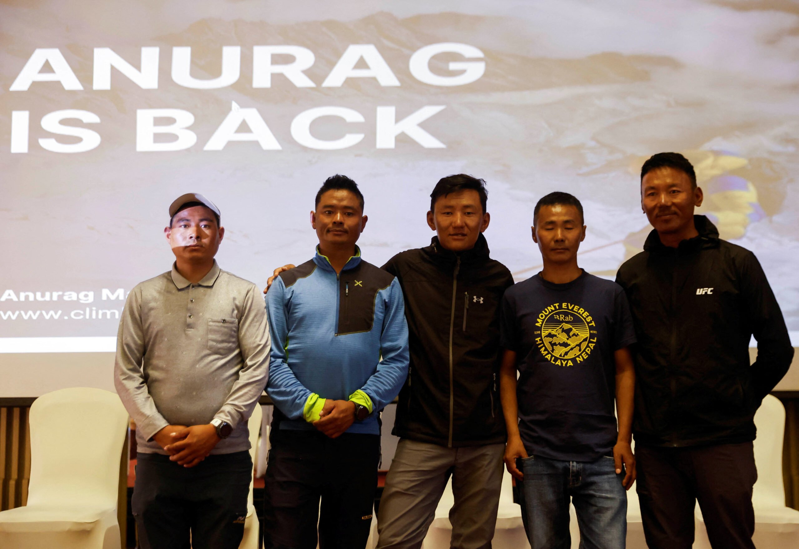 Sherpas from the rescue team pose for a photo at a press conference after successfully rescuing an Indian mountaineer Anurag Maloo, 34, who fell into a crevasse of Mount Annapurna and was rescued after three days, in Kathmandu, Nepal. REUTERS/Navesh Chitrakar