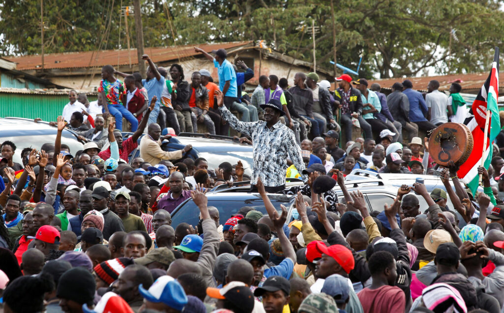 Kenya's opposition leader Raila Odinga, of the Azimio La Umoja (Declaration of Unity) One Kenya Alliance, waves to supporters as he arrives at a rally ahead of talks with President William Ruto's government on high cost of living and electoral reforms at the Kamukunji grounds of Nairobi, Kenya April 16, 2023. REUTERS/Monicah Mwangi