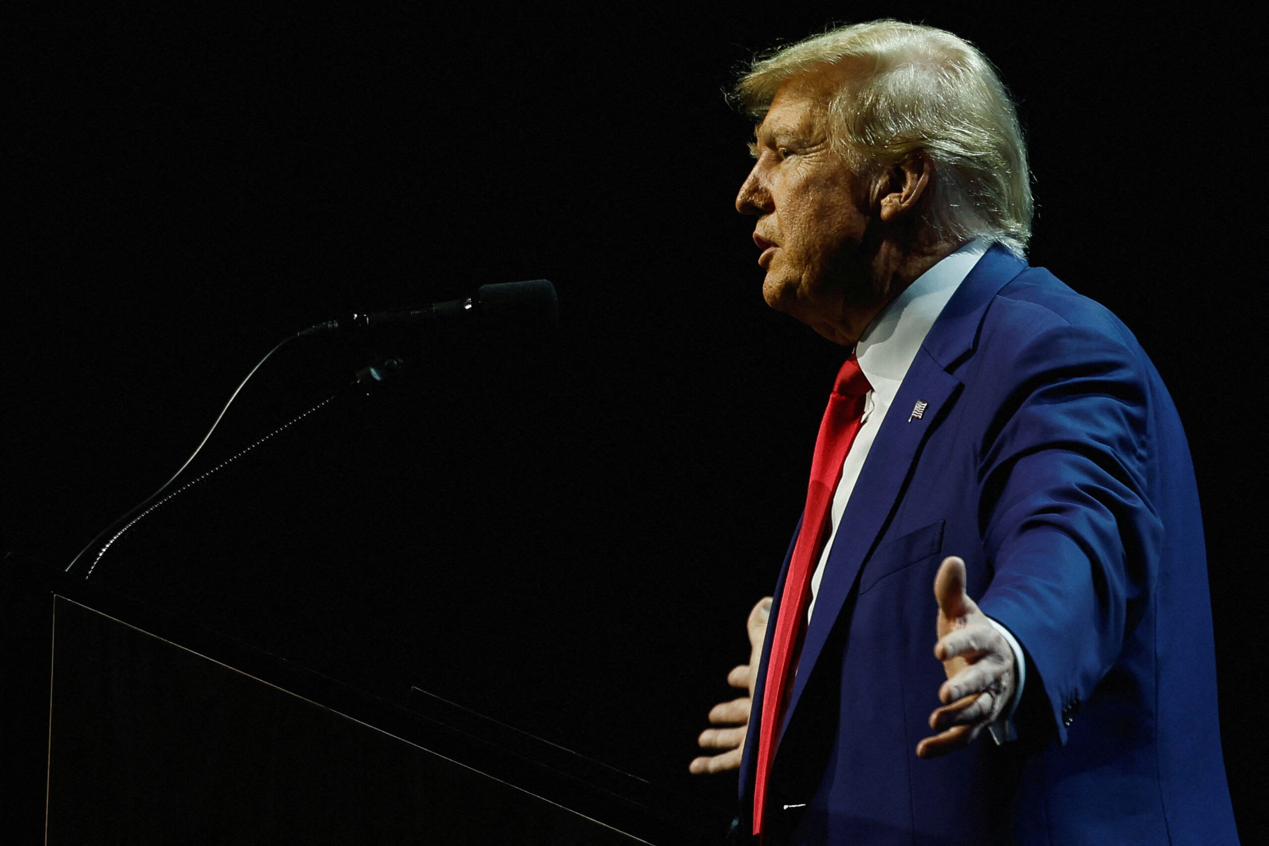 FILE PHOTO: Former U.S. President Donald Trump speaks at the National Rifle Association (NRA) annual convention in Indianapolis, Indiana, U.S., April 14, 2023. REUTERS/Evelyn Hockstein/File Photo