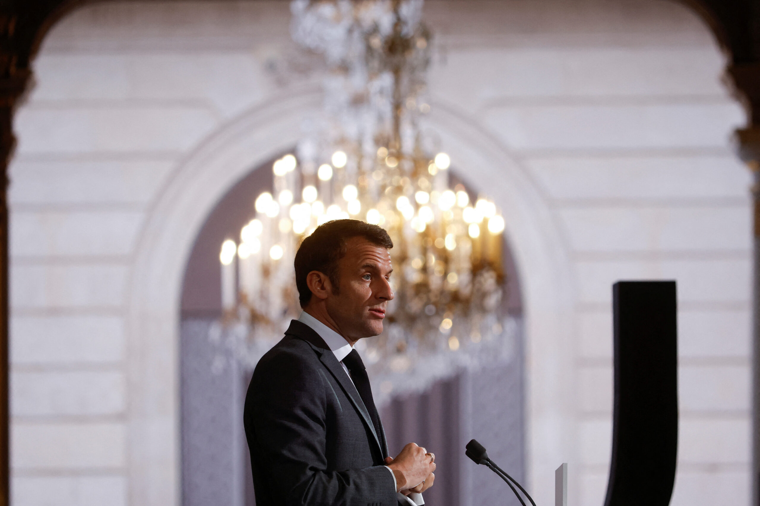 French President Emmanuel Macron delivers his speech during the National Conference on Disability in Paris. Yoan Valat/Pool via REUTERS