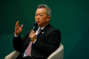 Hu Kai-Hung, chairman of Aerospace Industrial Development Corporation(AIDC) speaks on stage at the Taiwan-U.S. Defense Industry Forum in Taipei, Taiwan. REUTERS/Ann Wang