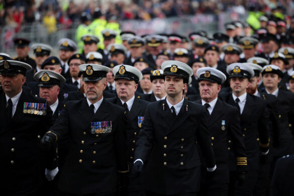 LONDON, ENGLAND - MAY 06: Members of the Royal Navy assemble at the Cenotaph ahead of the Coronation of King Charles III and Queen Camilla on May 06, 2023 in London, England.  Rob Pinney/Pool via REUTERS