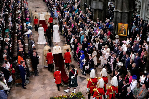 Britain's King Charles III, center, and Camilla, the Queen Consort, top center, arrive during the coronation ceremony of Britain's King Charles III at Westminster Abbey in London Saturday, May 6, 2023.     Kirsty Wigglesworth/Pool via REUTERS