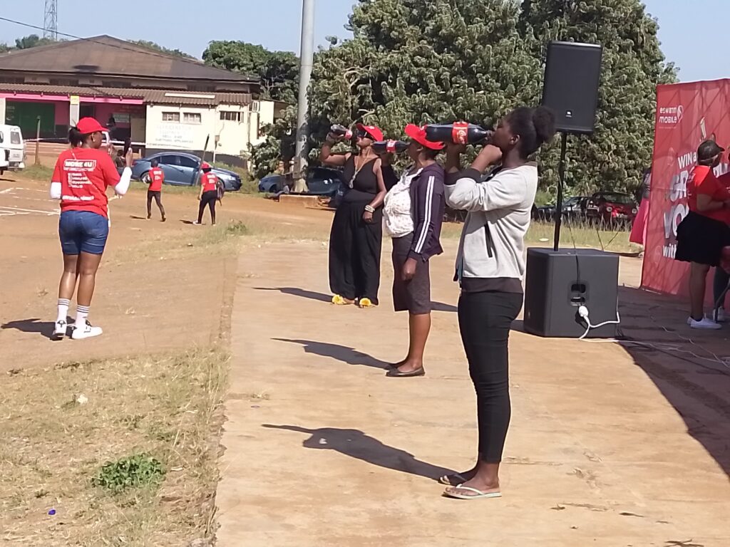 Eswatini Mobile customers taking part in a drinking competition. Picture: Khulile Thwala.