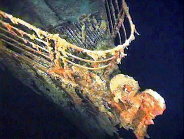 FILE PHOTO: The port bow railing of the Titanic lies in 12,600 feet of water about 400 miles east of Nova Scotia as photographed earlier this month as part of a joint scientific and recovery expedition sponsored by the Discovery Channel and RMS Titantic. Scientists plan to illuminate and then raise the hull section of this legendary ocean liner later this month. Reuters/File photo