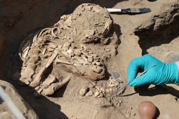 An archaeologist cleans an area where human remains were discovered at burial sites from around 3,800 years ago, in La Libertad, Peru August 9, 2024. Raquel Velezmoro Malaver/Oficina de Comunicaciones e Imagen Institucional - Universidad Nacional de Trujillo/Handout via REUTERS