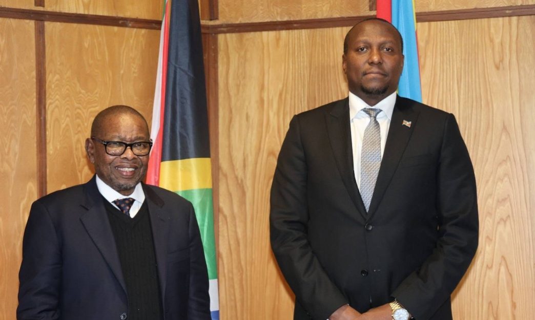 Prime Minister Russell Mmiso Dlamini (right) and South Africa's Minister of Higher Education, Science and Technology, Dr Blade Nzimande, during a courtesy visit at the Prime Minister's Private and Cabinet Office on Tuesday. Photo: Prime Minister's Office