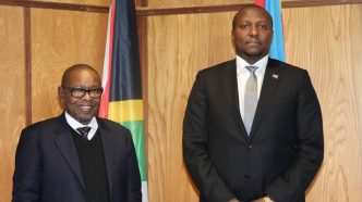 Prime Minister Russell Mmiso Dlamini (right) and South Africa's Minister of Higher Education, Science and Technology, Dr Blade Nzimande, during a courtesy visit at the Prime Minister's Private and Cabinet Office on Tuesday. Photo: Prime Minister's Office